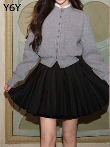 女式夏季高腰百褶迷你裙，柔软泡泡袖设计，白色