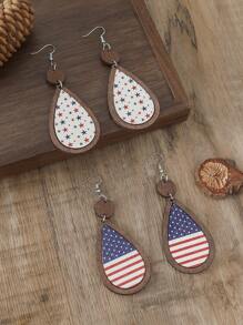 1 Pair New Patriotic Layered Wooden Star Stud Earrings With Wooden Frame, Celebrate 4th Of July