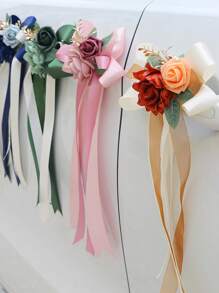 1PC Rose Flower Rearview Mirror Decoration Flower Wedding Car Flower Wedding Scene Decoration, Staircase Handrails, Corridor Door Handle Bow Rose Decoration - Multicolor - View 12