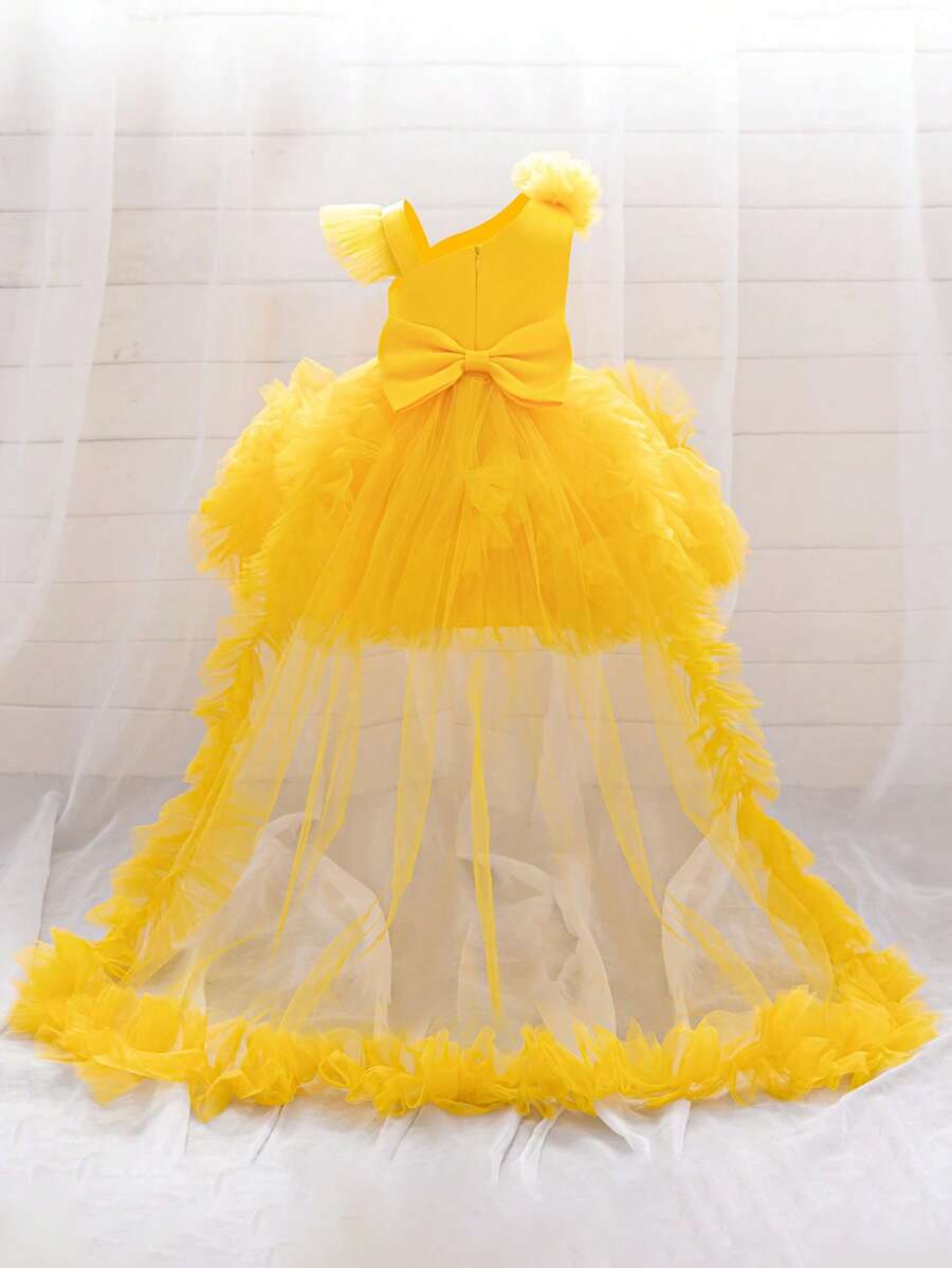 Baby Girls Asymmetric Neck Sequin Ruffle Mesh Cute Birthday Dress With Train, Suitable For Ball, Headband Not Included - Yellow - View 1