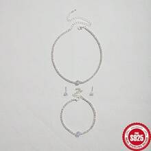 925 Sterling Silver Light Luxury Temperament Four Piece Set, Necklace, Earrings, Bracelet, Hypoallergenic, High-End Banquet, Wedding, Party Jewelry Gift For Womensilvery - Four Piece Set - View 5