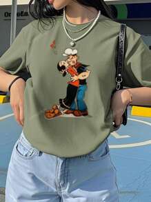 Camiseta casual de manga corta con cuello redondo y gráfico de Popeye para mujer, de uso versátil y de moda para uso diario en primavera/verano