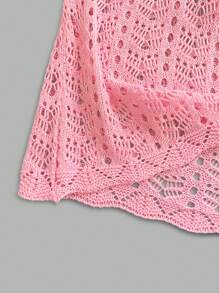 Women's Mid-Length Crew-Neck Hollowed-Out Backless Holiday Slim-Fit Knit Dress With Flared Sleeves Beach Cover Ups Crochet Mesh Bathing Suit Knot Dress Long Sleeve Backless Knitted Up Swimwear Mini Coverups Vacation Outfit, Spring Summer Fall - Pink - View 9