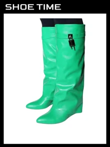 Padlock Detail Fold Over Wedge Knee High Boots - Green - View 1