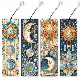 4 件装钻石画书签套装，DIY 特殊形状钻石艺术书签带流苏，成人手工水晶水钻书签套装，阅读爱好者独特的闪亮书签，男女皆宜的工艺礼物，太阳和月亮