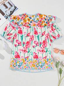 Women's Pink Floral Print Striped Trim Split Neck Short Sleeve Shirts Blouse Boho Summer Tops