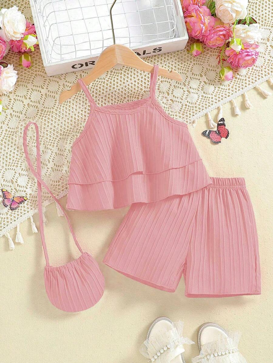 1 Set Girls Solid Wave Layered Hem Camisole + Shorts, With Crossbody Bag, Suit For Casual, Outdoor, Vacation, Summer