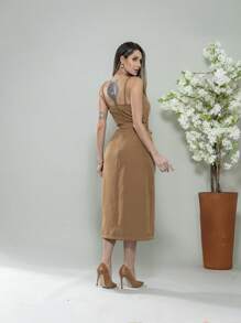 V761 Tailored Midi Dress With Straps - Mocha Brown - View 4