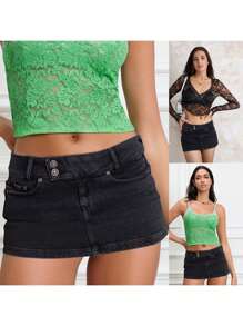 Women's Denim Mini Skirt Solid Zipper Button Design Low Rise Short Jean Skirt For Summer Holiday - màu đen - Xem 8