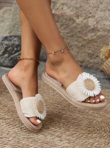 2025 New Women Summer Beach Slippers Indoor Home Flower Decor Flat Sandals