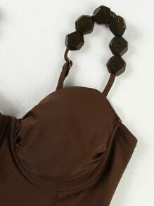 Women's Summer Luxurious Solid Color One-Piece Swimsuit - Sexy Backless Fashionable Elegant Vacation Beach Party Swimwear, Elegant Beachwear Perfect For Spring And Summer, Women's Holiday Outfits, Beach Vacation, Festivals, Parties, Beach Activities And Daily Casual Wear - Khaki - View 4