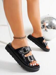 Wide Fit Women Metal Buckle Decor Platform Slide Sandals - Black - View 5