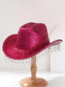 1pc Unisex Rhinestone Tassel Fringed Shiny Cowboy Hat, Creative Punk Style Wide Brim Hat, Suitable As Bridesmaid/Bride Hat, Great For Parties, Western Themed Events, Gatherings, Engagement Parties, Cosplay, Graduations, Masquerade Balls, Festivals, Weddings, Birthdays, Music Festivals, Coming Of Age Ceremonies