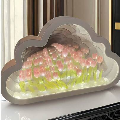 1pc Handmade DIY Creative Gift Tulip Flower Night Light, Can Be Used As Mirror When Turned Off, Includes 10/20 Flowers (Random Flower Style), Sleep Projection Lamp, Home Decor For Living Room, Holiday Decoration, Wall Decor, Camping, Party, Perfect Birthday Gift