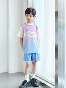 2pcs New Summer Outdoor Basketball Jersey, Running Suit, Baseball Uniform, Casual Sports Set - Purple Ombre Design With Blue Shorts, Letter Print, Comfortable Soft Loose Stylish Unisex - Purple - View 3