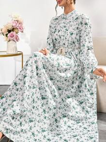 Women's Casual Floral Print Shirt Dress With Round Neck, Button Front & Tie Waist, Long Sleeve Maxi Dress For Daily Wear, Office, Vacation,Summer Dresses,Dresses Classy Elegant,Modest - Multicolor - View 8