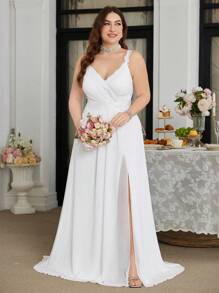 UNITHORSE Polyester Plus Size Fabric V-Neck Camisole A-Line Dress With Crystal Embellished Waist, Flared Hem White Wedding Gown,Bride - White - View 7