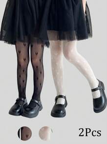 2 pièces Leggings à motif en forme de cœur, pantalon serré respirant et extensible pour bébé fille. Collants résille de couleur unie, convenant pour le port quotidien, à assortir avec des jupes et des chaussures, printemps/été