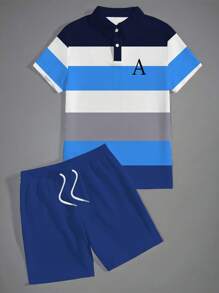 Plus Size 1 Set Men's Striped Print 2 Pieces Outfit, Includes Casual Polo Collar Short Sleeve Shirt And Shorts Set, Suitable For Summer, Men's Leisure Vacation Workout