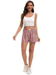 Yeeloon Women's Casual Elastic Pocket Striped Wide-Leg Shorts - Red - View 5