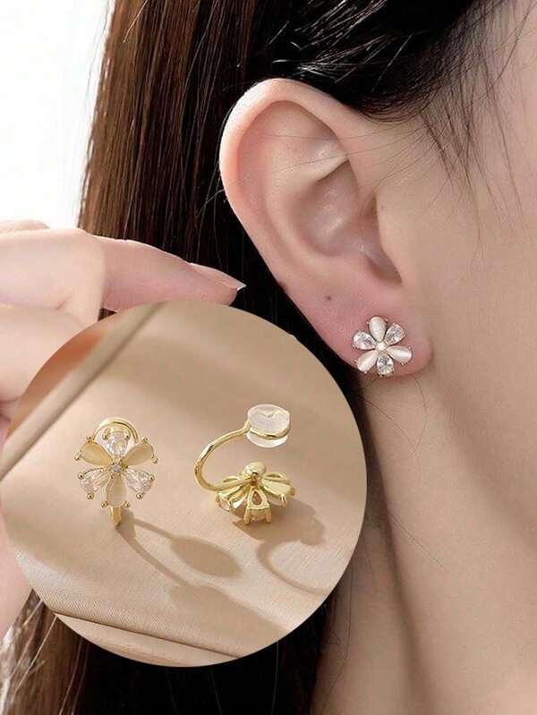 1pair Non-Piercing Imitation Cat Eye Clip-On Earrings, New & Minimalist Small Flower Design, Elegant & Stylish Ear Clips, Ideal Birthday Gift For Girls Valentines,Mom,Mother,Mother's Day,Gift