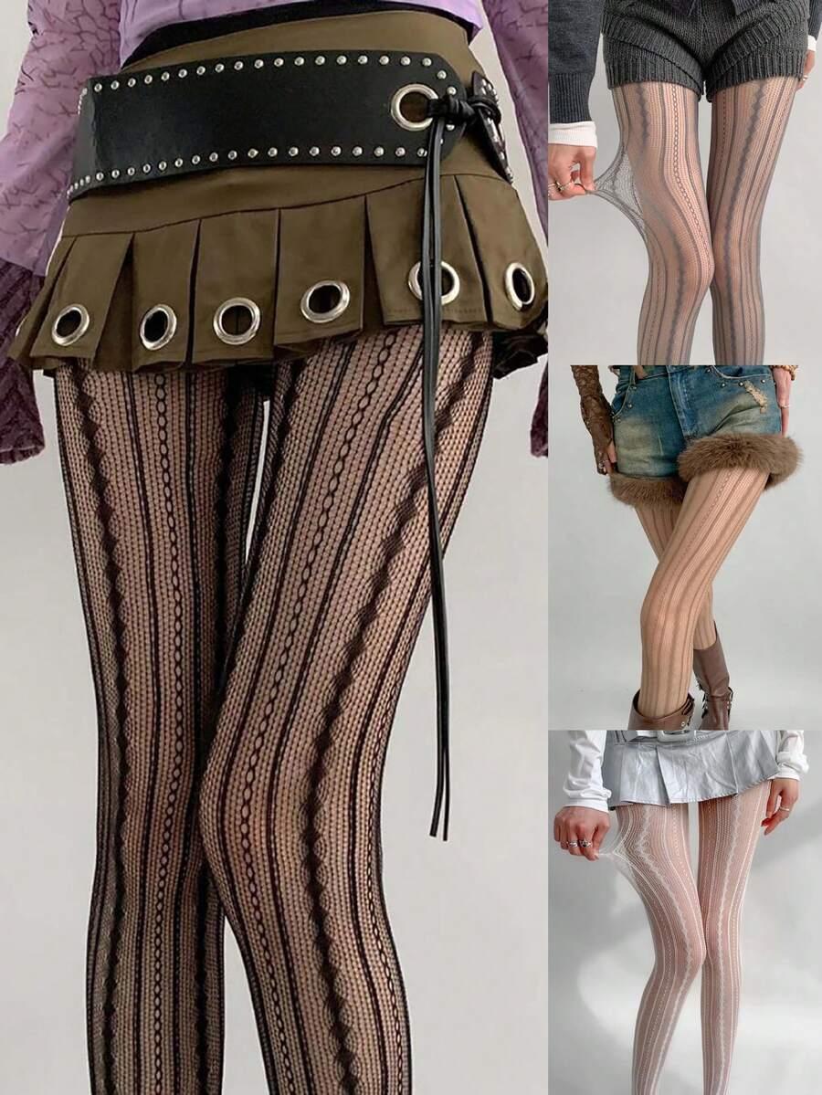 A Pair Of Striped Sheer Mesh Fishnet Stockings, Women's Lightweight Spring And Summer Dark Fashion Lace Cut-Out Geometric Pattern Breathable Net Pantyhose, JK Uniform-Style Sexy Bodycon Socks - Multicolor - View 1