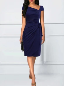 Women's Asymmetric Neckline Ruffle Cap Sleeve Vintage Wrap Dress - Navy Blue - View 5