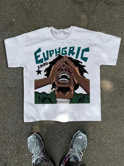  Shwiy 街头生活人像印花男士短袖T恤，适合春夏休闲穿着，校园风格