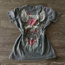Women Y2K Gothic Rose Graphic T-Shirts V-Neck Short Sleeve Shirts Slim Fit Summer Casual Tops Aesthetic Streetwear