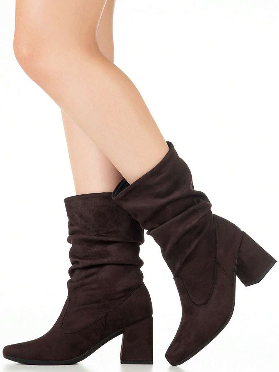 GiGiL Women's Boots Square Toe High Heel Thick Wrinkled Easy Fit Stretch Party Elegant Comfortable Slouch - 鏽棕色 - 查看 1