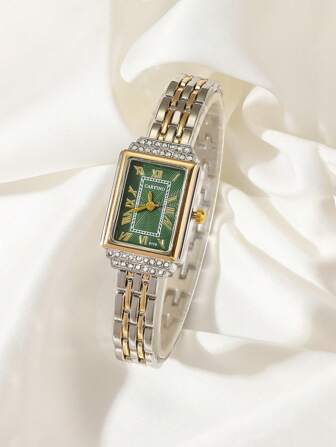  CARYINO 1pc Women Stainless Steel Watch Band, Dual-Tone Gold & Silver Color, Square Small Dial With Embedded Diamonds, Elegant & Versatile For Business & Casual, Precise Quartz Movement, Suitable For Daily Wear