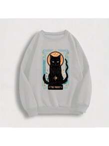 Moletom Careca Gato Tarô (FRENTE) Gola Redonda Casaco Masculino Feminino Flanelado Unissex Inverno Frio Algodão Blusa - Cinza - Visão 1