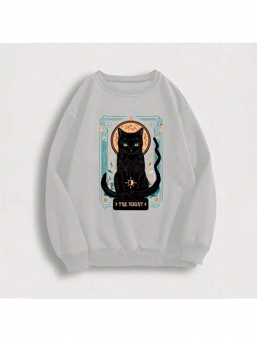 Moletom Careca Gato Tarô (FRENTE) Gola Redonda Casaco Masculino Feminino Flanelado Unissex Inverno Frio Algodão Blusa - Cinza - Visão 1