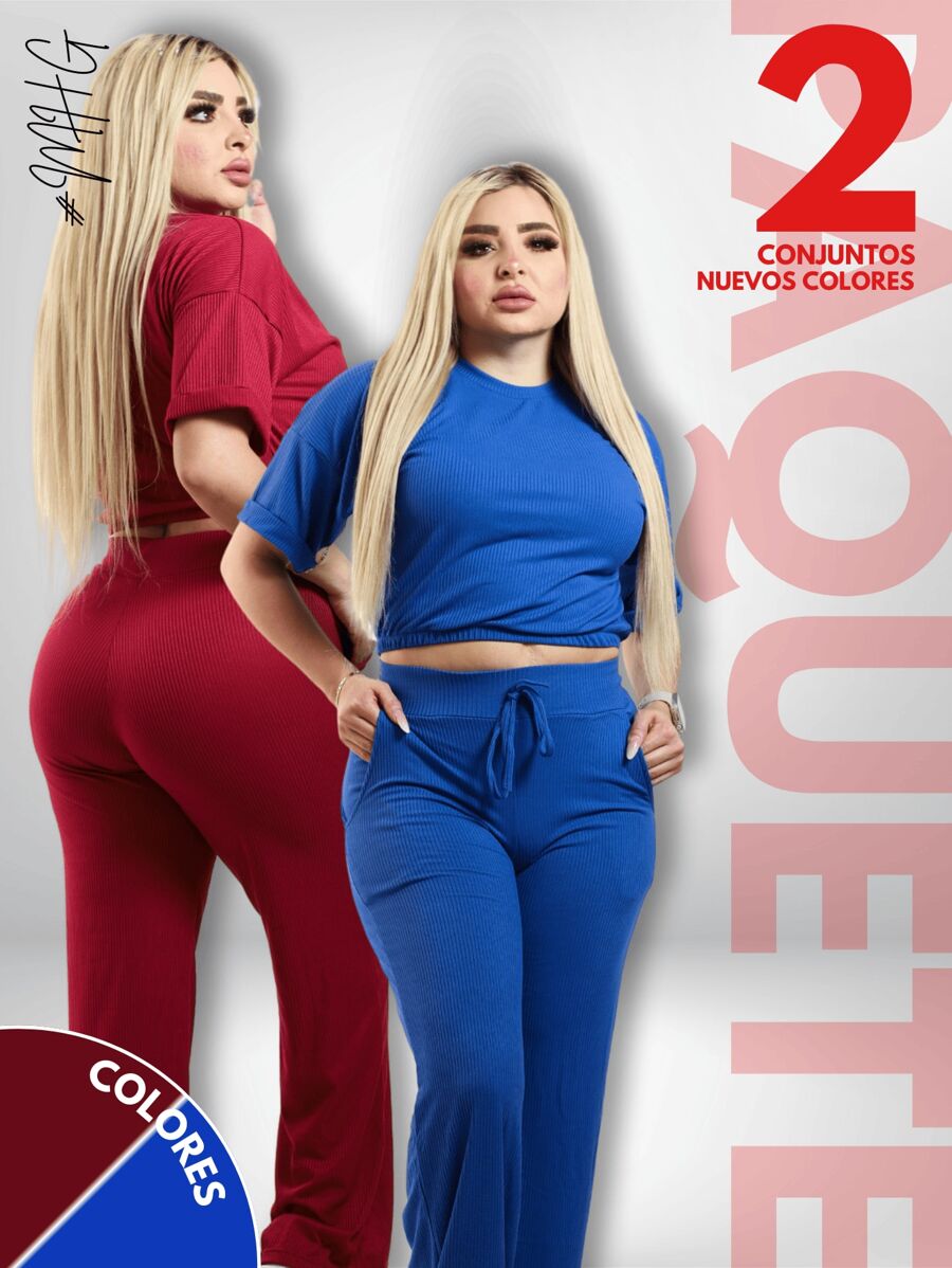 Women Two-Piece Outfits - 桃花心木色 / 藍色 - 查看 1