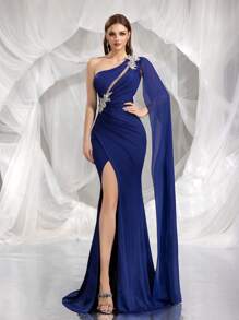 Elegantes und romantisches asymmetrisches 3D-Kleid mit Strass-Verzierungen, geeignet für Abendpartys, formelle Anlässe, Abendkleider, für Hochzeitsgäste