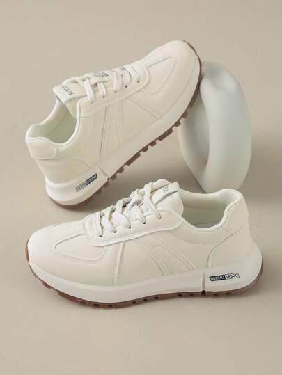 女士圆头系带厚底休闲运动跑步运动鞋，学生风格