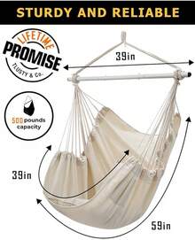 Hammock Chair Swing (500 Lbs Max) - Hanging Hammock Chair Rope Swing Indoor Hammock Chair,Outdoor Furniture,Swing Chair For Room,Amaca Para Adultos,Hamacas Para Adultos,Columpio Para Patio,Swing Sets Backyard, Patio Furniture Set For Bedroom, Outdoor, Patio, Bedroom, Porch, Deck - Sturdy Steel Bar With Anti-Slip Safety Rings - 米色帶2個墊子 - 查看 5