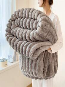 1pc Solid Stripe Soft & Warm Flannel Blanket, Multi-Functional Throw Blanket Suitable For Bed, Sofa, Travel, Office, Bedroom Decor, Home Decor, All Seasons Use, Perfect Gift For Halloween, Friends And Family