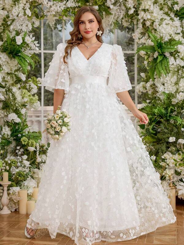 UNITHORSE UNITHORSE Dames Plus Size Bruiloft V-hals Ruffle Mouw 3D Bloemen Geborduurd Mesh Gerimpelde Taille Elegante Grote Zoom Bruidsjurk, Bruidsjurk, Verjaardagsoutfits, Afstudeerjurk, Formele Jurk, Volledig Witte Feestoutfit Vrouwen
