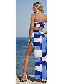 Conjunto de Moda Feminino | Top Triángulo + Falda con Cuadros y Rendija Alta, Perfecto para Street Style Urbano - Azul - Ver 4
