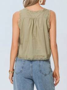 Women Lace Trim Vest Tank Tops Y2K Fairy Sleeveless Tie Button Front Sheer Mesh Crop Tops Summer Going Out Tops Cute Loose Fit Cami Shirt  Aesthetic Clothes - Màu xanh Ô liu - Xem 7