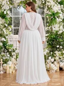 Elasola Đầm cưới nhẹ, thanh lịch, cổ chữ V, tay phồng, phối ren, ôm eo, tôn dáng, thích hợp cho đám cưới. - trắng - Xem 2