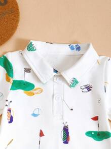 Infant Baby Golf Print White Short Sleeve Romper, Soft Comfortable Fabric, Suitable For Outdoor Sports & Activities