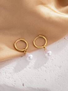 1 paire de boucles d'oreilles créoles en acier inoxydable pour femmes, style goutte d'eau avec perle, dorées/argentées, imperméables et inaltérables, convenant à un port quotidien