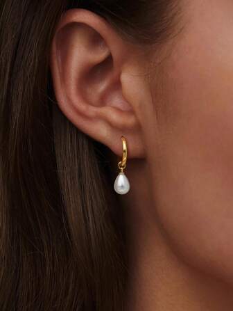 1 Pair Stainless Steel Waterproof And Non-Fading Stylish Women's Gold/Silver Water Droplet Pearl Hoop Earrings, Suitable For Women's Daily Wear