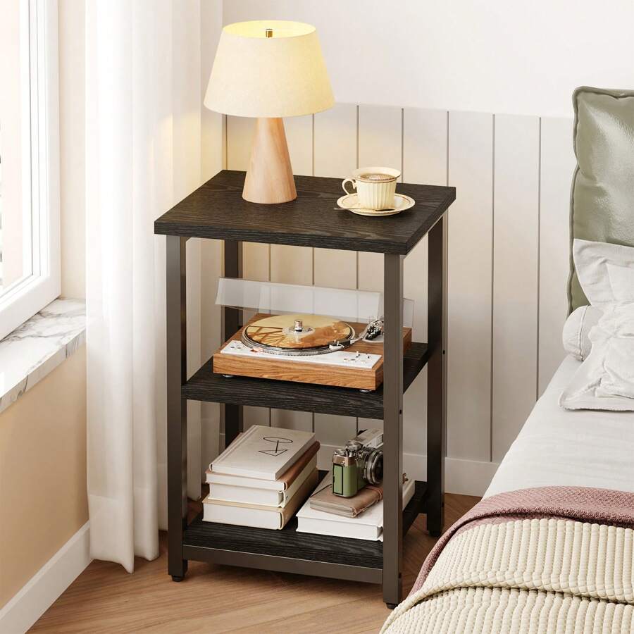 Tomnk Modern 3-Tier Nightstand With Black Wood Grain Finish - Slim Bedside Table For Bedroom Storage, Space-Saving Design, Black - màu đen - Xem 1