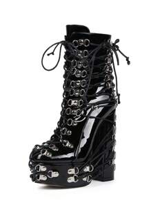 Pointed Toe Block Heel Splicing Knee High Boots For Winter