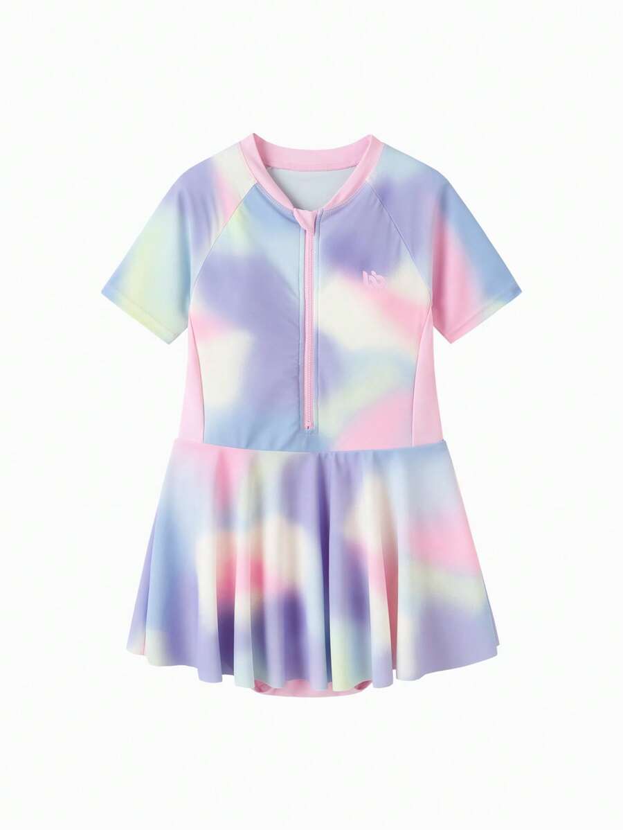 Balabala Girls' High-Stretch One-Piece Swimsuit, UV Protection & Printed - Purple - View 1