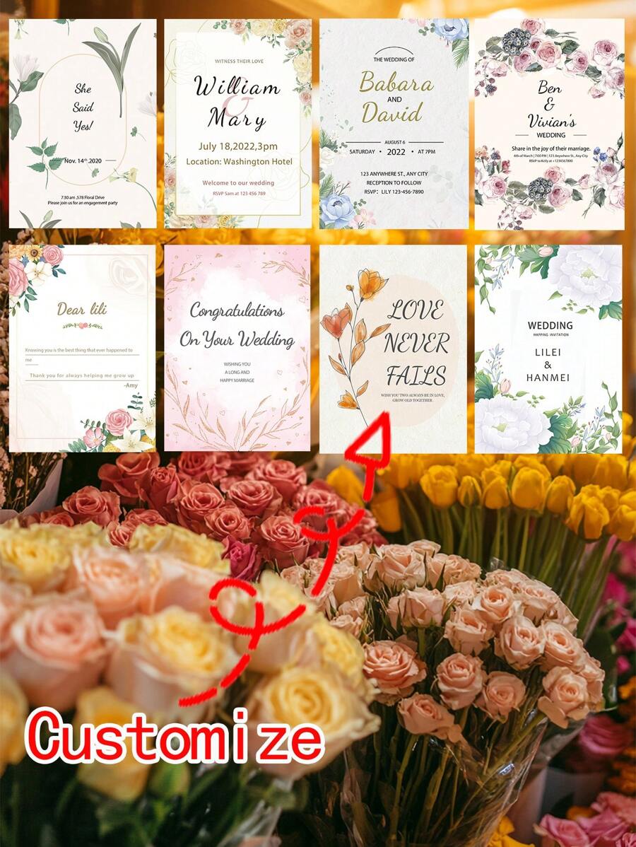 Tarjetas personalizadas: Invitaciones de boda, menús de restaurante, tarjetas de felicitación, tarjetas de felicitación de boda, tarjetas de Año Nuevo, tarjetas de cumpleaños, tarjetas navideñas, Día de San Valentín, Día de la Madre, Navidad, Festival de Primavera, Vuelta al cole, Útiles escolares