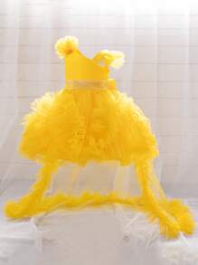 Baby Mädchen asymmetrischer Ausschnitt Pailletten Rüschen Mesh süßes Geburtstags-Kleid mit Schleppe, geeignet für Ball, Stirnband nicht enthalten - Gelb - Übersicht 4